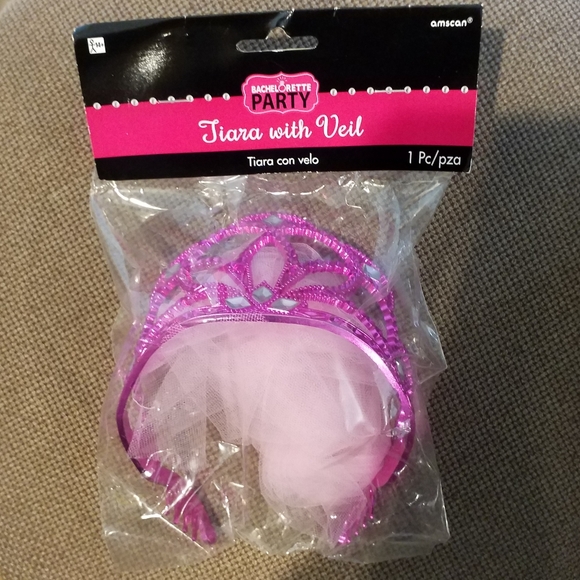 Bachelorette Party Bride Pink Tiara w Veil. - Picture 3 of 7